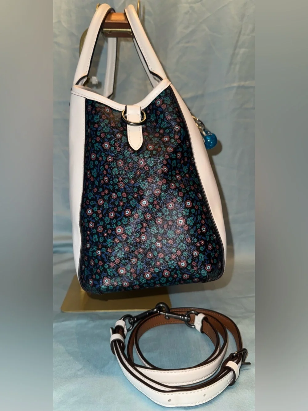 COACH F59442 Margot Carryall White Floral Satchel With Blue Cherry Charm
